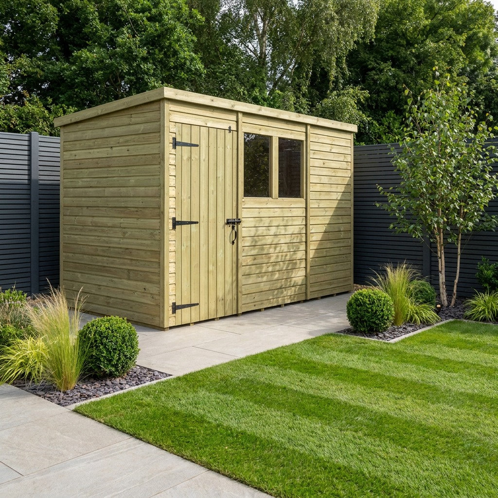 Total Sheds 11ft x 5ft Pent Garden Shed - Single Door - With Windows - Pressure Treated Timber - UK Manufactured