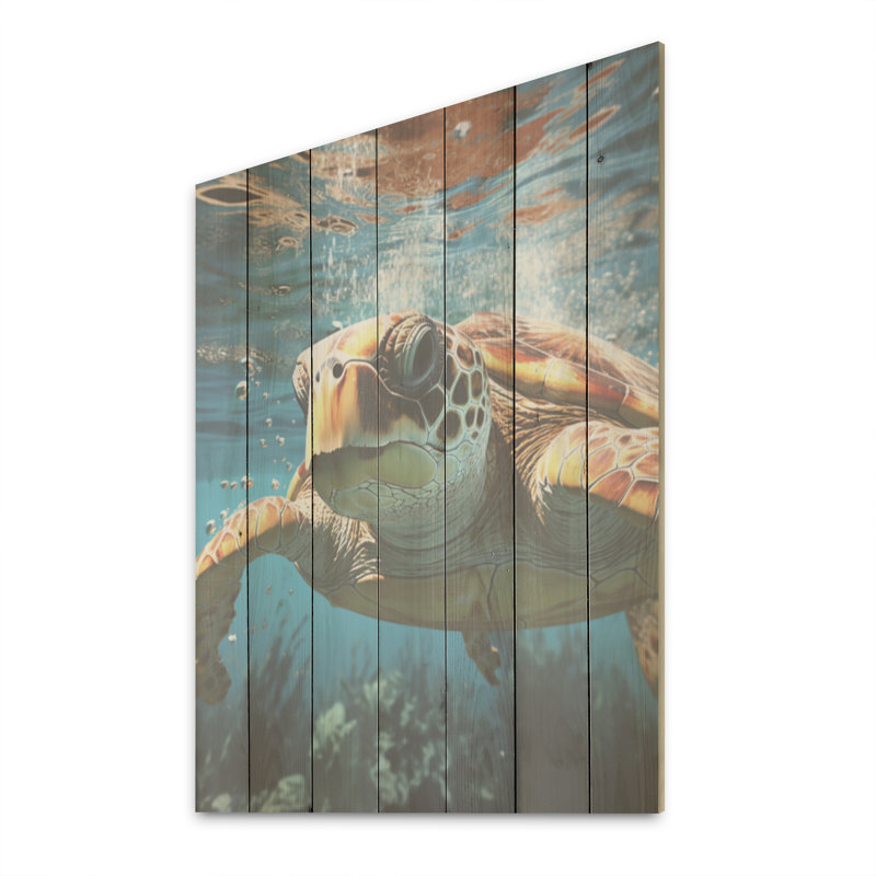 «Whimsical Of A Turtle As An Ocean Explorer II», art mural panneau de bois sur bois de pin naturel, H 20 po x l 10 po