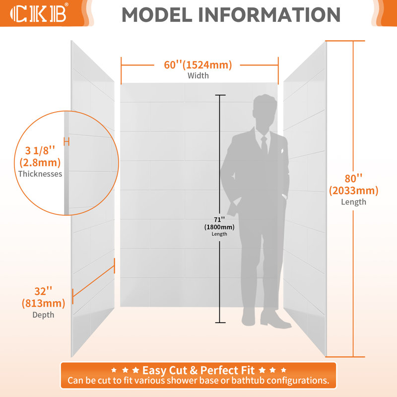 60" W x 32" D x 80" H 3-Piece Glue Up Shower Wall Panel Surround Kit,White Large Staggered Brick Textured Shower Panels,Modern Acrylic Shower Surround,Quick Install Trimmable Bathroom Backsplash,1/8" (2.8mm) Thick