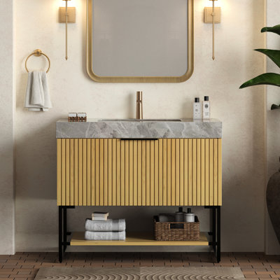 Meuble-lavabo sur pied de 36 po de style autoportant, comptoir en pierre frittée grise, cuve en céramique, tiroir en contreplaqué de chêne et tablette ouverte, trou de trop-plein pré-assemblé