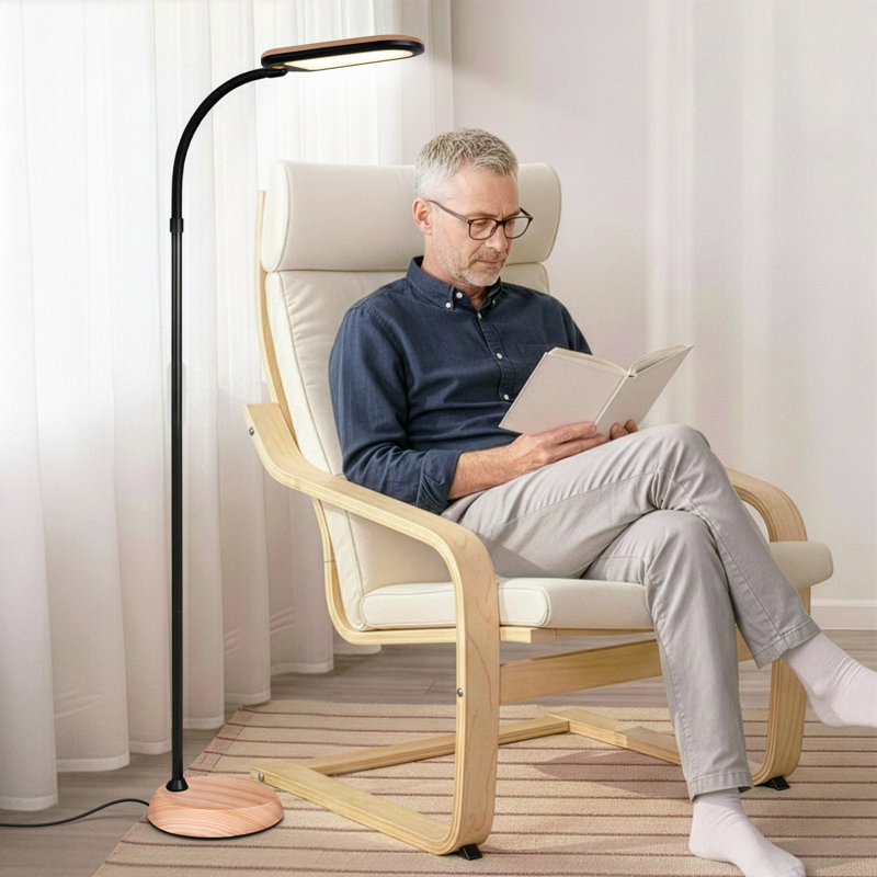 Litespan Slim 55 in. Industrial Dimmable LED Directional Task Floor Lamp, Black Finish and Wood Base, Wood