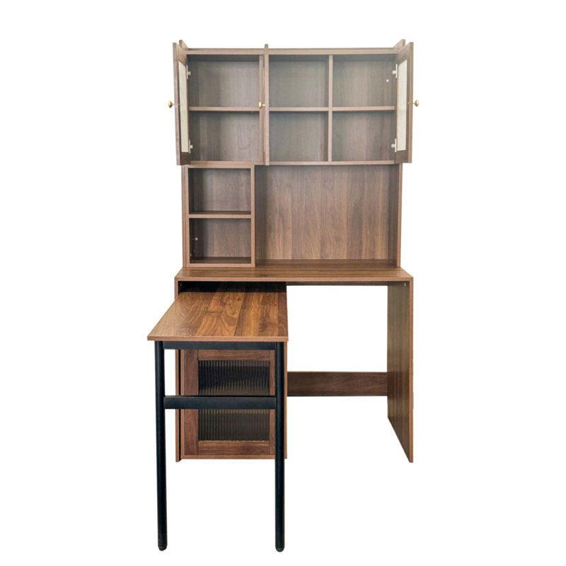 Bureau d'ordinateur polyvalent avec bureau rotatif, bibliothèque et armoires à porte en verre pour le bureau à domicile ou le bureau