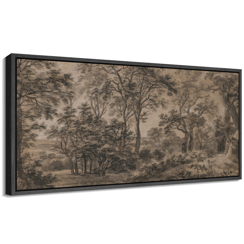 Paysage forestier rétro dans des tons sépia, art moderne, H 30 po x l 60 po, Noir, noir, noir, noir