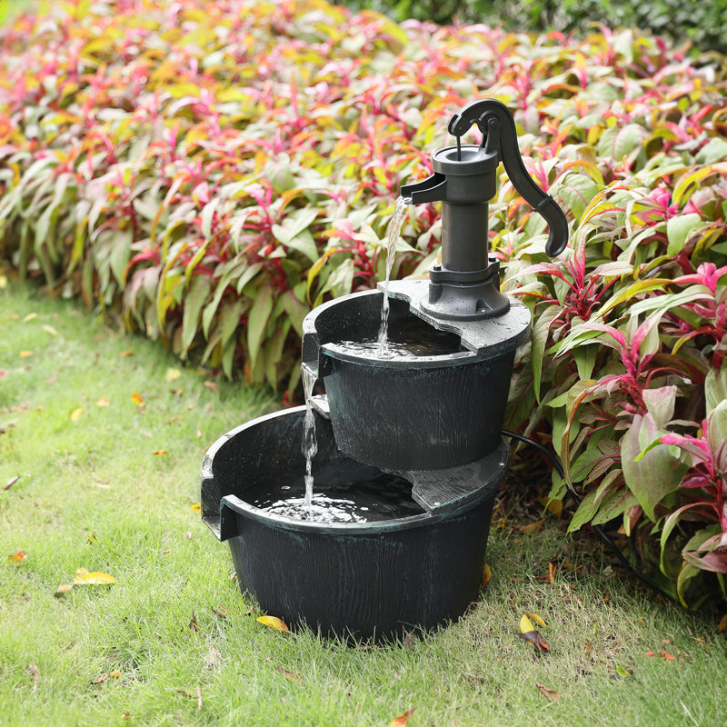 Outdoor Water Fountain, 2-Tier Barrel Cascading Waterfall Fountain Garden Decor with Electric Pump, Green