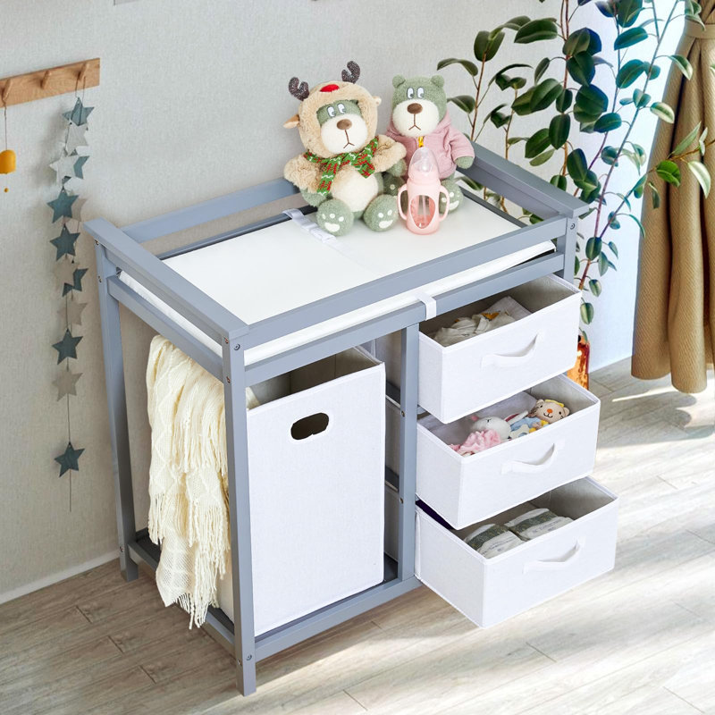 Table à langer en bois, table à langer, commode à langer avec panier à linge, panier à 3 tiroirs et matelas à langer (gris)