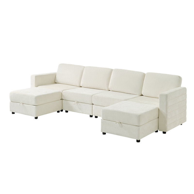 Tamariah Modern 316cm Wide 6-Seats Modular Storage Sofa With 2 Ottomans, Beige