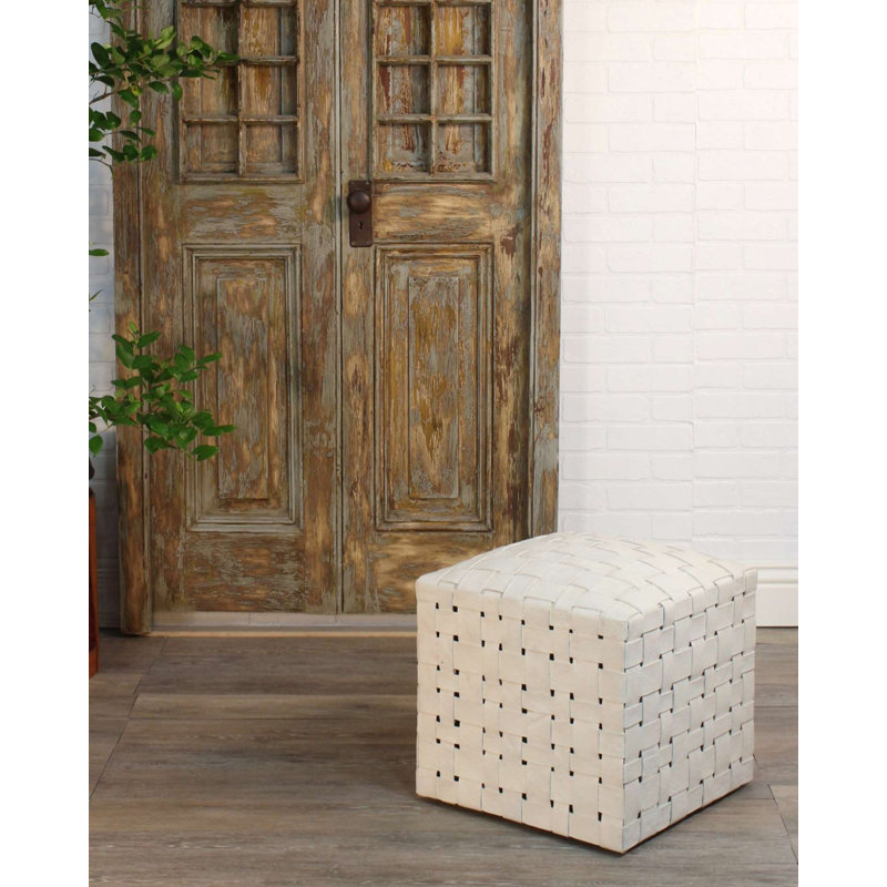 Halcyon Handwoven Genuine Leather Ottoman, Ivory