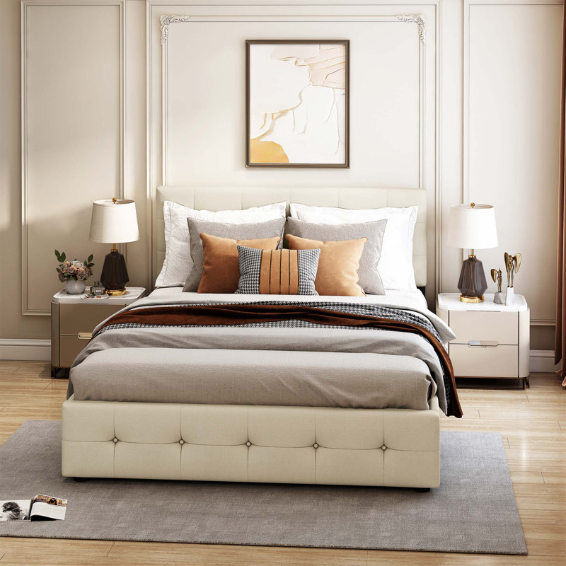 Grand lit plateforme avec rangement Beneduce, Beige