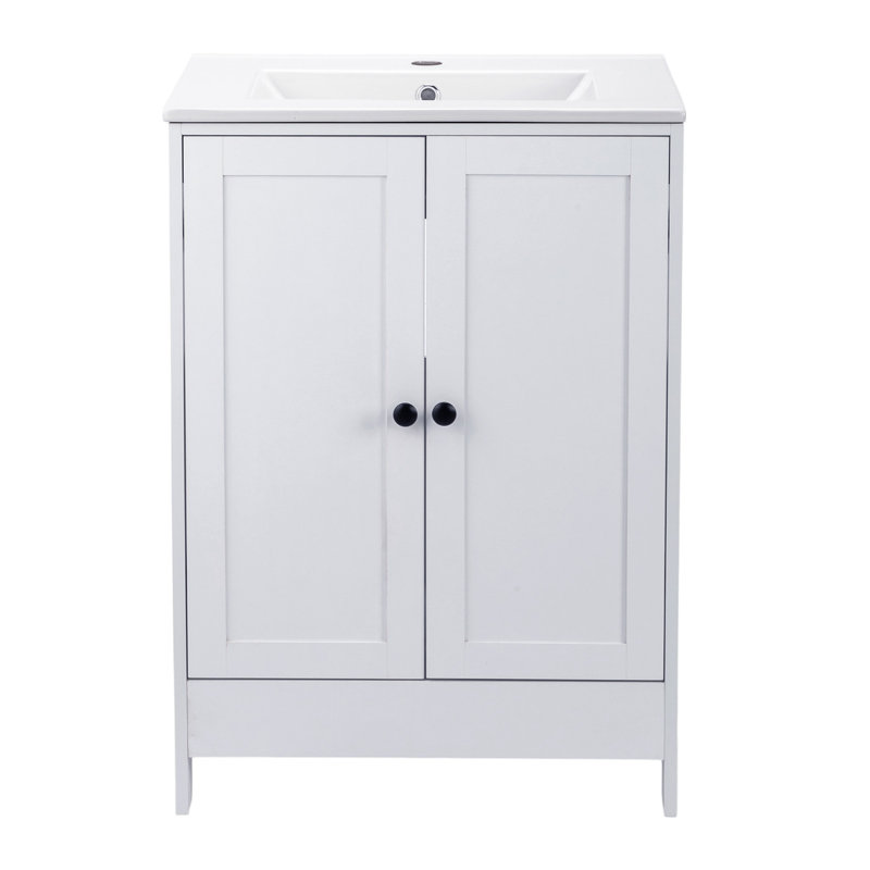 24'' White Bathroom Vanity With Ceramic Top With Door Back Storage