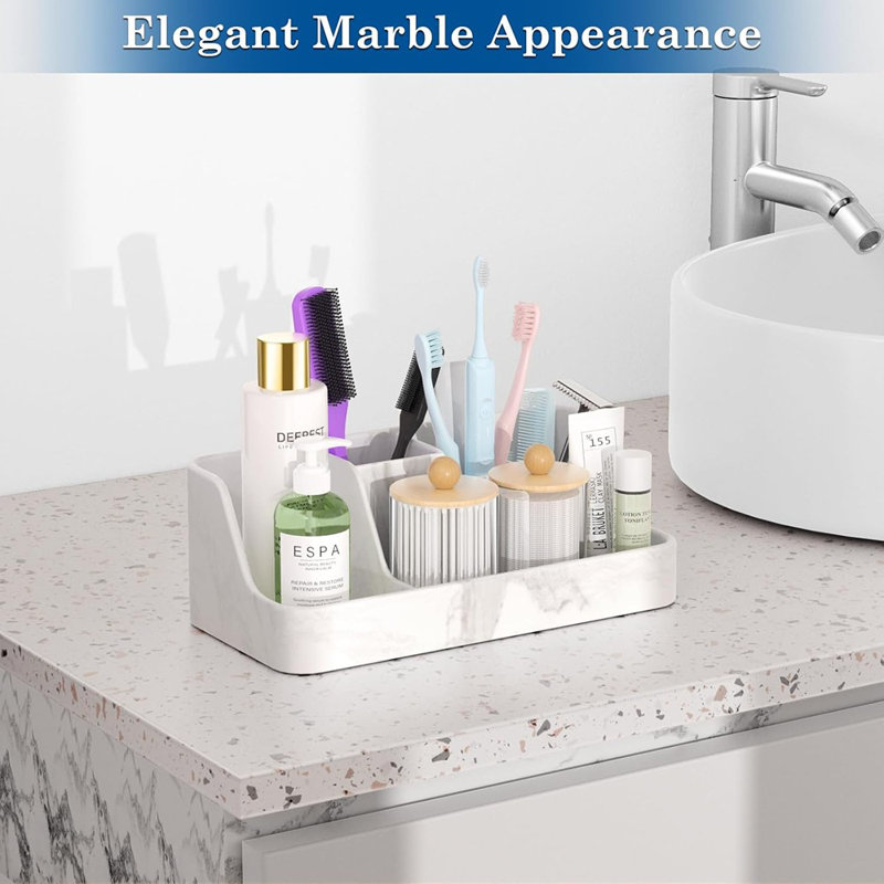 Organisateur de comptoir de salle de bain en marbre - Organisateur de meuble-lavabo en silicone - Organisateur de brosse à dents avec distributeur de 2 pièces Cotton Swab - Drainage du support de dentifrice - Essentials pour la salle de bain