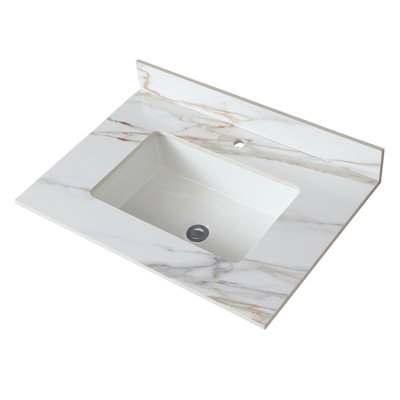 Comptoir de meuble-lavabo en marbre 31 po, comptoir de salle de bain avec lavabo central encastré rectangulaire et dosseret de 4 po de hauteur, comptoir pré-percé, blanc de Carrare avec veines