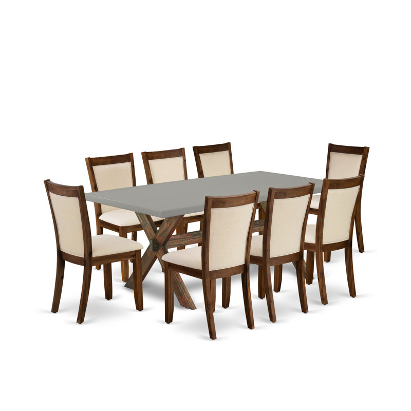 L'ensemble de mobilier de salle à manger 9 pièces comprend une table de salle à manger rectangulaire avec pieds en X et 8 chaises Parsons en lin beige clair, jacobin vieilli