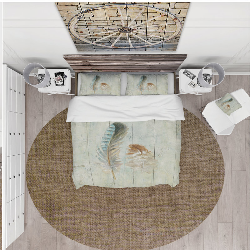 Ensemble de housse de couette en plumes naturel sur bois i campagne, Housse de couette double / grand et 2 taies