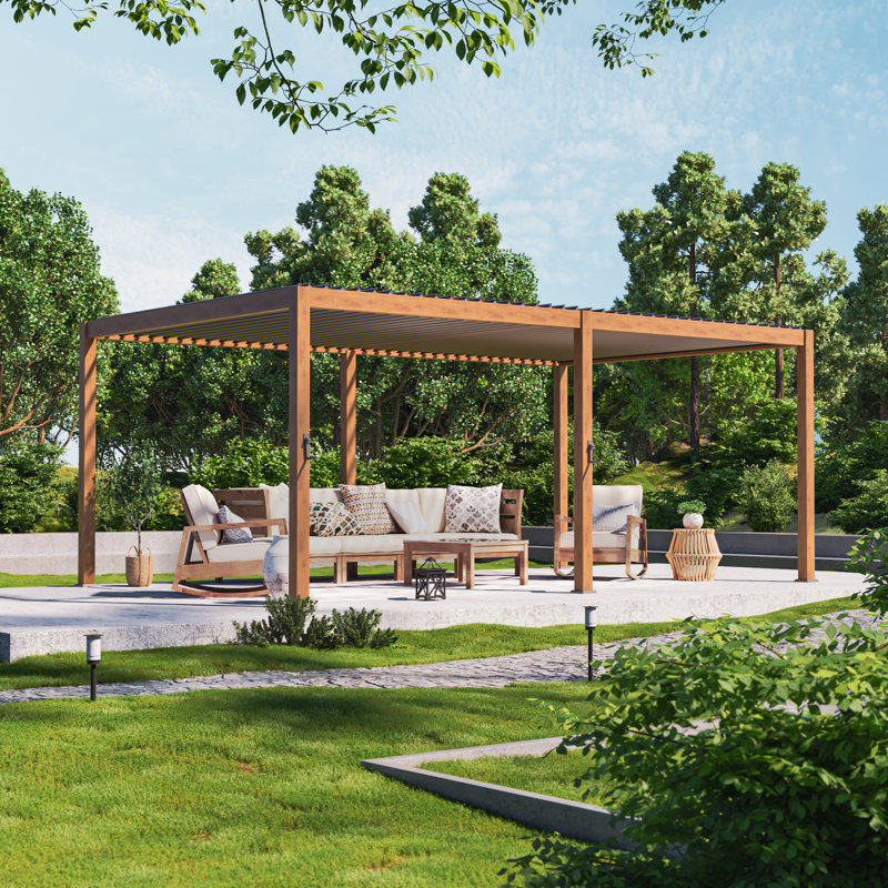 Aluminum Pergola with Louvered Canopy, Wood Texture, 12 Ft. x 20 Ft.	