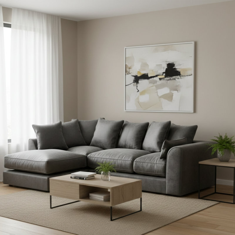 4 Seater Velvet Sofa & Chaise, Grey, Left