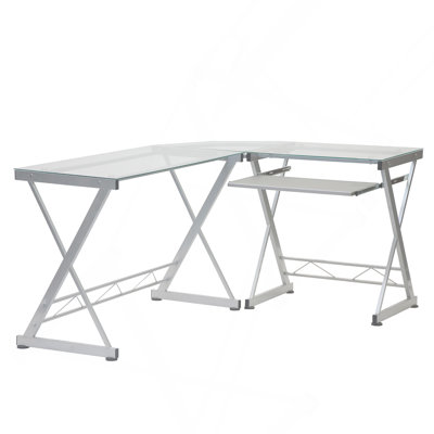 Bureau d'ordinateur en L en verre trempé avec panneau de clavier coulissant, transparent