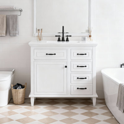 Meuble-lavabo autoportant blanc 36 po - Structure en bois massif, lavabo en céramique et tiroirs rabattables (sans robinet)