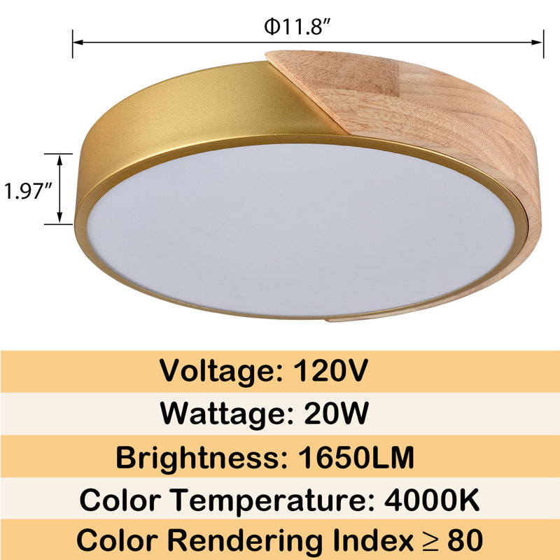 Drexton Wood LED Flush Mount Ceiling Light, Brass Gold