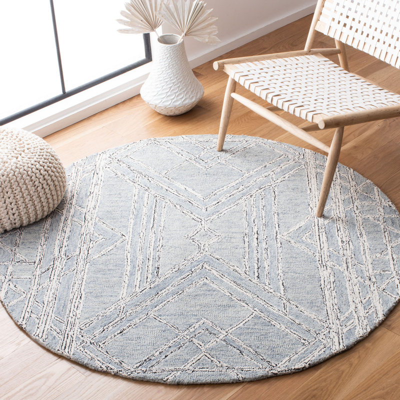Tapis bleu clair / ivoire en laine et coton touffetés à la main Rosalind, Rond 5 pi