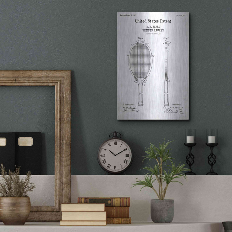 «Tennis Racket Blueprint Brevet White» par Patents, H 16 po x l 12 po