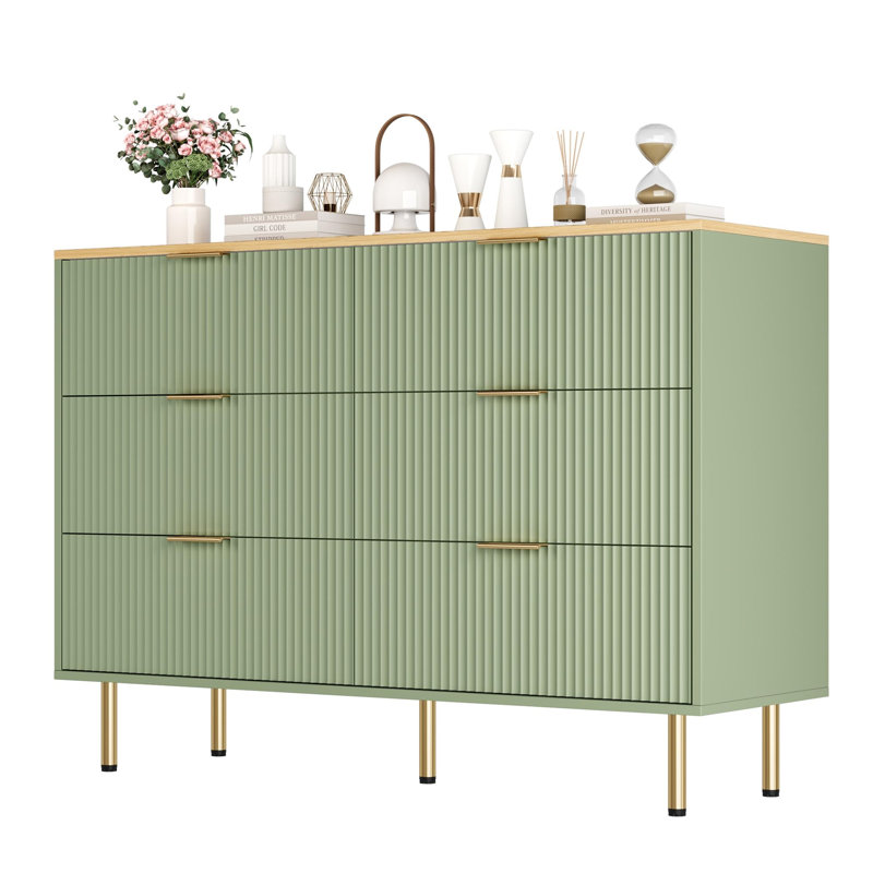 Commode de 47,2 po de largeur pour chambre à coucher, 6 tiroirs, commode en bois cannelée avec poignées dorées, armoire de rangement pour couloir