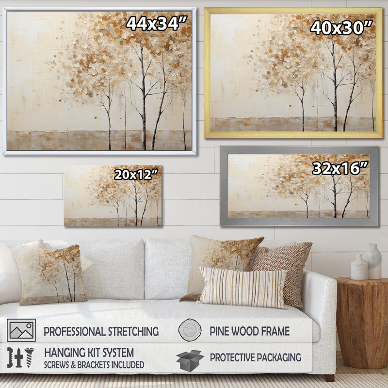 Harmonisation des arbres beiges IV sur toile, Cadre flottant noir, H 34 po x l 44 po x P 1,5 po
