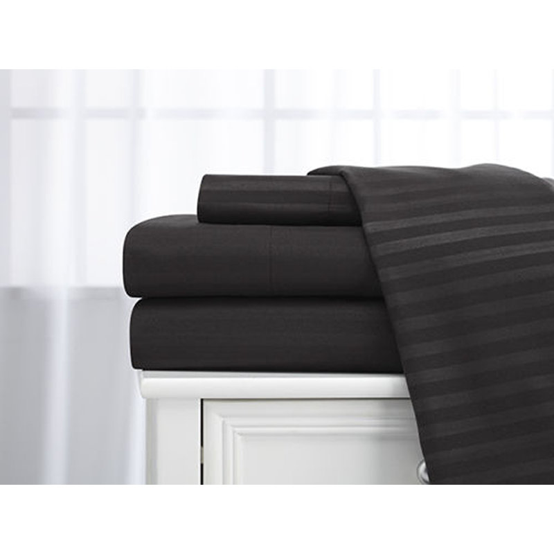 100% Cotton Sateen Striped Sheet Set, Queen Sheet Set + 2 Pillowcases, Black