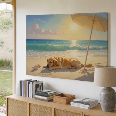 A Warm Tranquil Beach Scene Featuring A Golden Retriever Lying On The Sand Resting Under Canvas Wall Art Premium Quality Ready To Hang