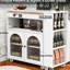 Îlot de cuisine avec prises de courant et lumières à DEL - table allongée, porte en verre cannelé, tablette de rangement, 3 tablettes ouvertes, ports blancs, blanc, style contemporain