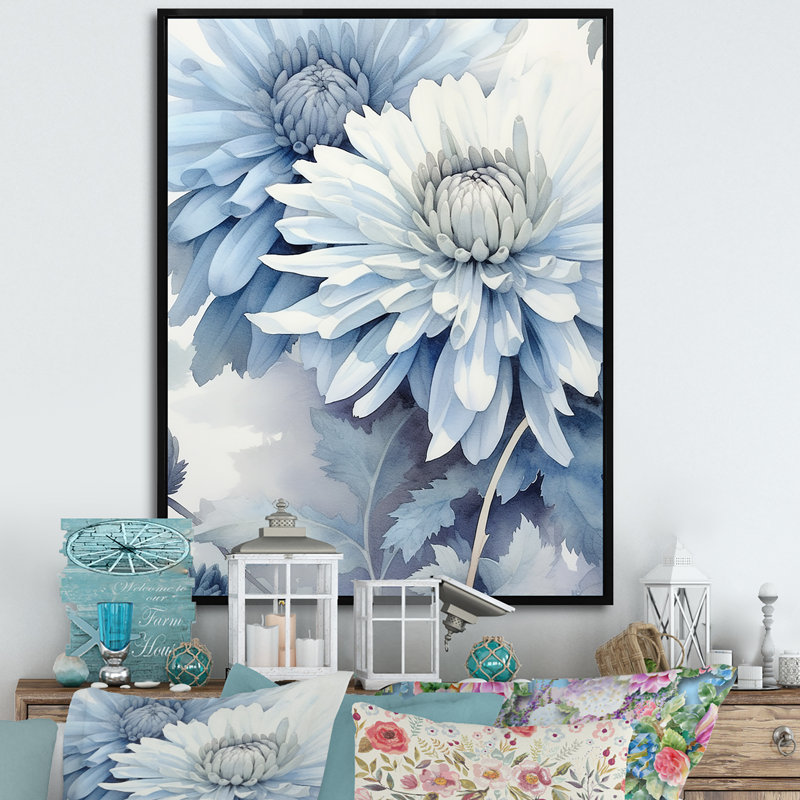 " Sapphire Mums On Dark Gray And Light Aquamarine I ", Black Floater Framed, 32" H x 24" W x 1" D