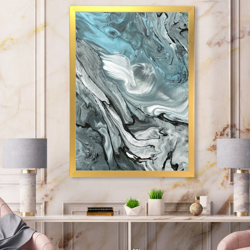 Marbre noir et bleu abstrait I - peinture sur toile, H 33,5 po x l 25,5 po, Cadre doré