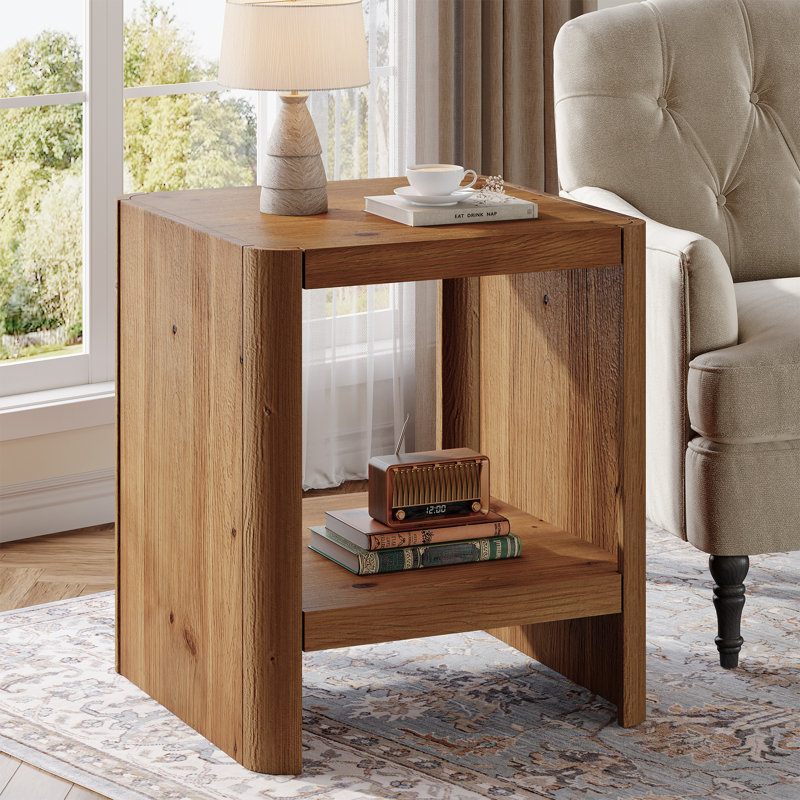 Solid Wood End Table, 2-Tier Rustic Side Table, Natural Wood