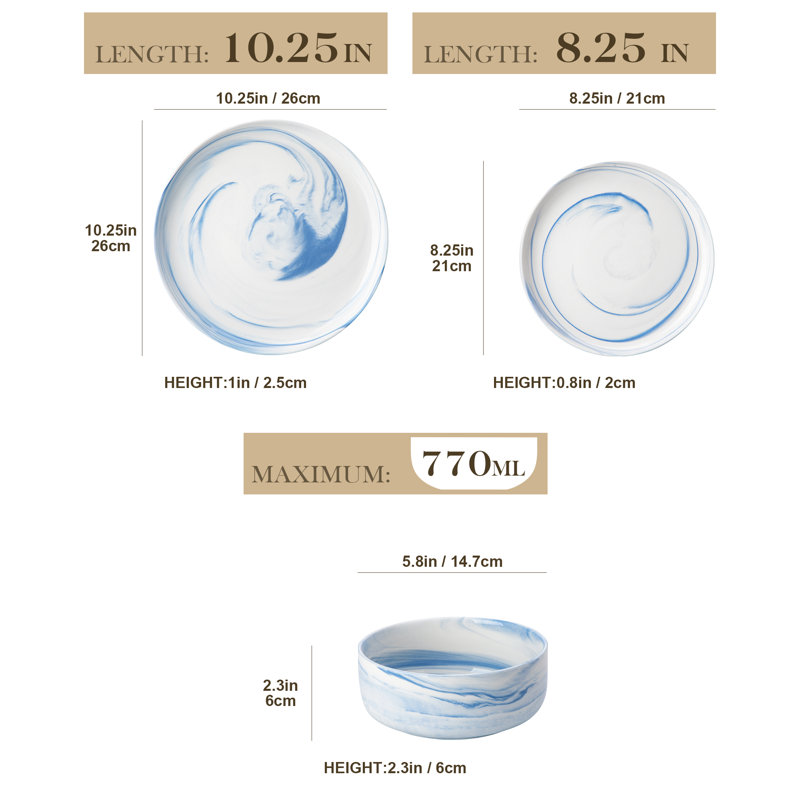 18-Piece Porcelain China Dinnerware Set - Service for 6, Blue/White
