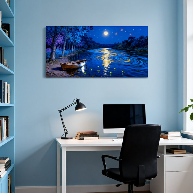 Paysage et nature rivière au clair de lune avec bateau et étoiles, H 16 po x l 32 po