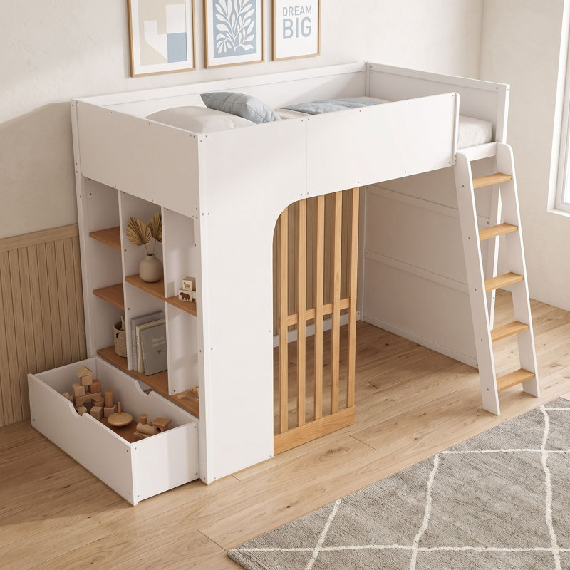 Lit mezzanine avec tablettes de rangement et tiroir, Lit simple, Blanc / naturel