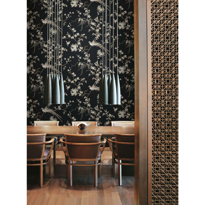 Rouleau de papier peint lisse 27 pi 27 po Bird and Blossom Chinoserie, Noir