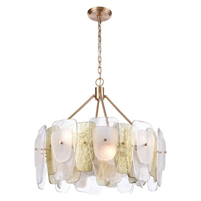Lustre 29 pouces en or laqué Corry avec couches de verre transparent, givré et à feuille d'or