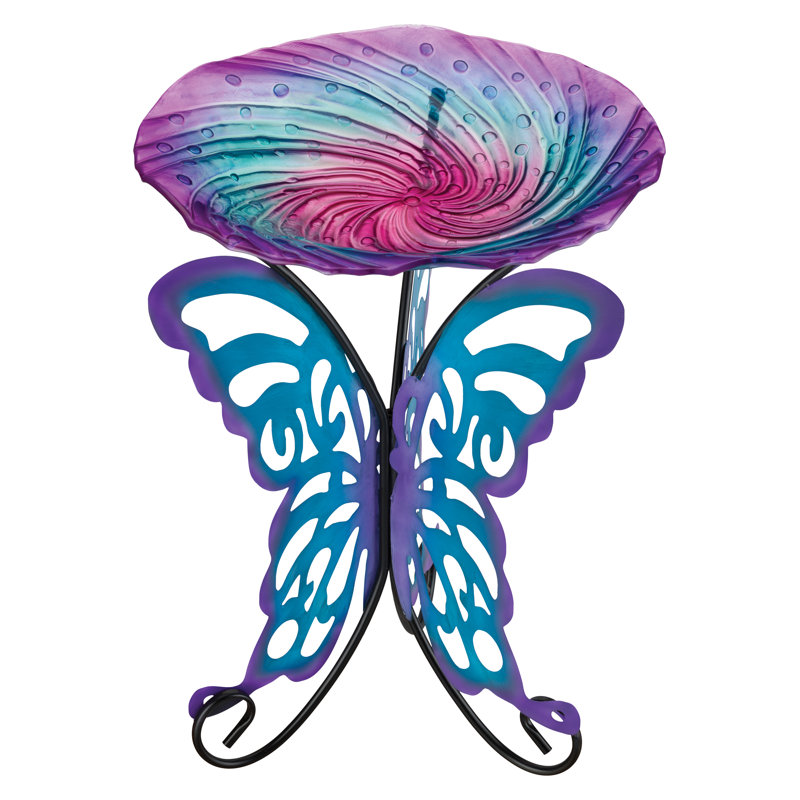 18" Purple Glass Birdbath with Decorative Stand