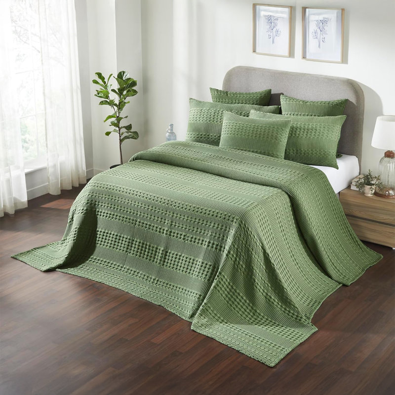 Couverture à tissage gaufré vert olive 100% coton, Très grand lit, Vert
