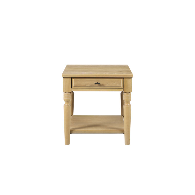 Table d'appoint Cashew avec placage et finition, un tiroir, caisson entièrement fini, pieds tournés classiques, tablette inférieure ouverte pour rangement supplémentaire, bois massif beige, profondeur 61 cm, largeur 66 cm, hauteur 61 cm, poids 21 kg