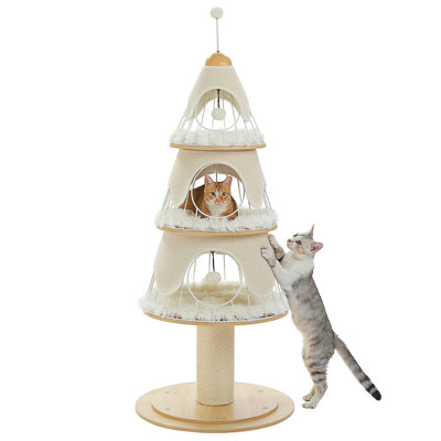 Cat Christmas Tree W/Thick Scratch Post(Φ5.4In), Wood Cat Tower W/ 3 Condos-Heavy Duty Furniture W/Metal Frame & Replaceable Mat For Indoor Kitty