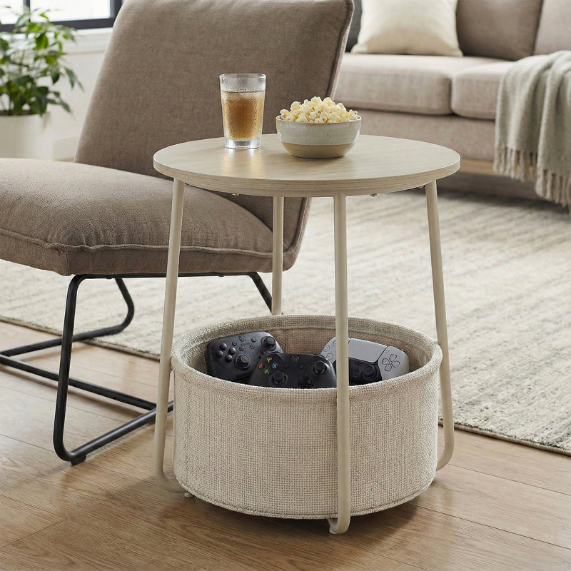 Round End Table with Fabric Basket, Modern Style, Cream White