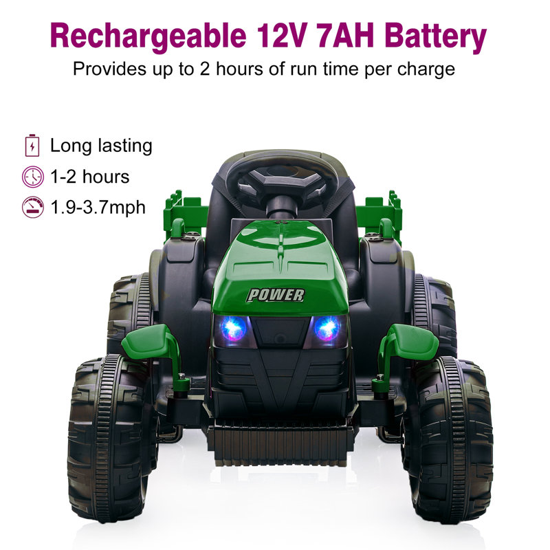 Green 12V Kids Ride-On Tractor with Trailer and Remote Control
