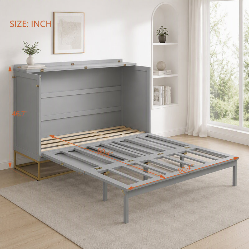Lit escamotable avec portes en bois et tablettes intégrées, Grey