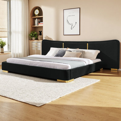 King Size Extra Large Platform Bed with Curved Chenille Headboard, Flexible DIY Side Space Design, Reinforced Electroplated Metal Legs, Multi-Point Support, No Box Spring Needed