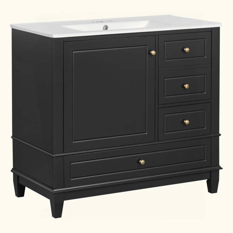 Meuble-lavabo avec lavabo en céramique, panneau de fibres à densité moyenne et base en bois massif, 3 tiroirs et armoire avec tablettes, meuble-lavabo autoportant avec trous de robinet de 4 pouces