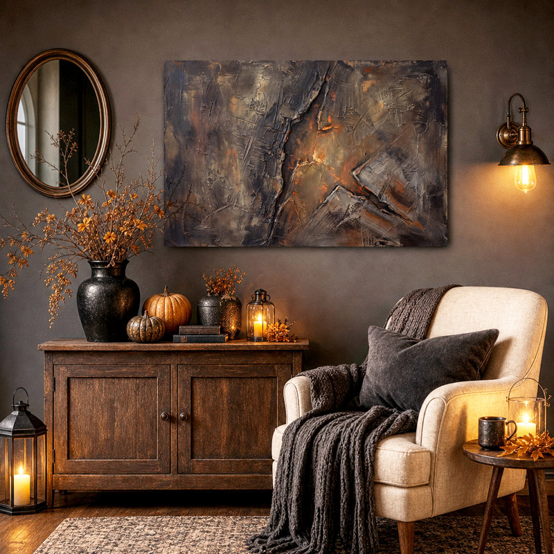 Toile murale d'Halloween à texture abstraite brun foncé avec accents rouille, 28"H x 40"W