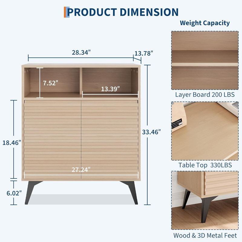 Fluted Storage Cabinet, Sideboard Buffet Cabinet with Storage & Adjustable Shelves for Living Room, Kitchen, Entryway, Natural Wood