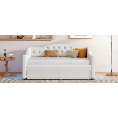 Lit de jour simple rembourré beige avec ceinture à DEL, 2 tiroirs et structure pour éclairage de lin rétro, fabrication en bois