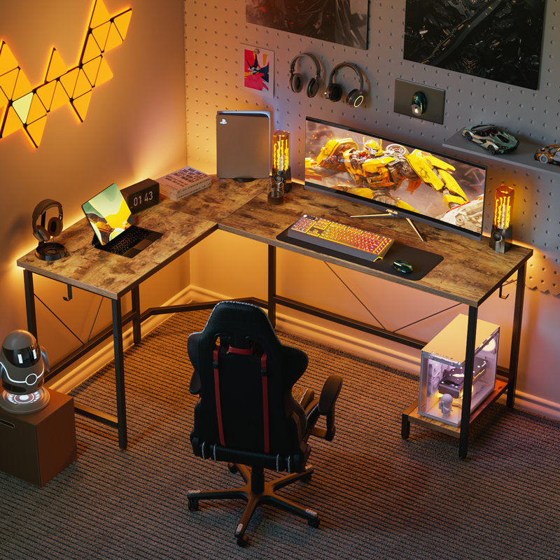 Bureau de jeu en coin en L 66 po, Brun rustique